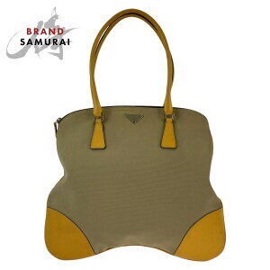 PRADA triangular logo plate Beige Tan yellow leather tote bag handbag